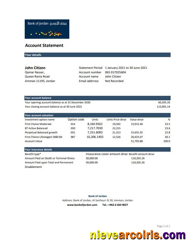 Jordan Bank of Jordan bank statement easy to fill in .xls and .pdf file format